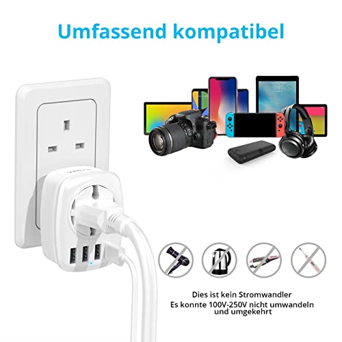 VINTAR Adaptador de Viaje de España a Reino Unido (2 Paquetes) con 3 Puertos USB y 1 Puerto USB-C, Adaptador de Viaje para Reino Unido, Malasia, Irlanda, etc., Tipo G Blanco