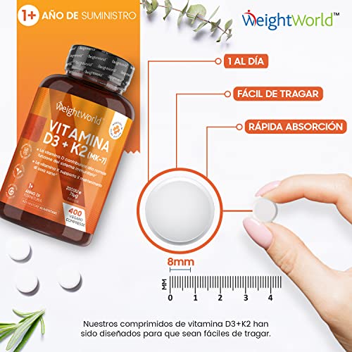 Vitamina D3 K2 400 Comprimidos Veganos - Vitamina D3 2000UI Vitamina K2 75 µg, Vit D3 K2 de Alta Absorción y Biodisponibilidad MK7 99,7% All-Trans, Contribuye al Mantenimiento Normal Sistema Inmune