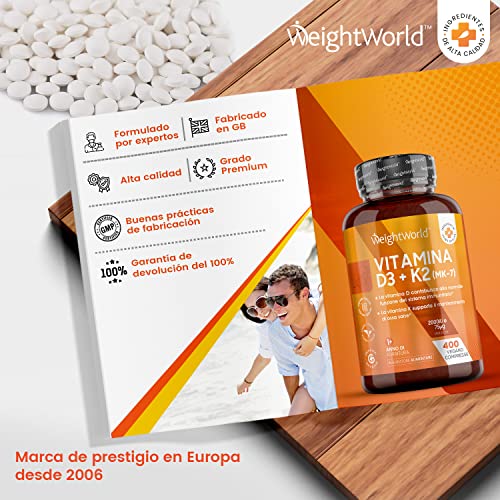 Vitamina D3 K2 400 Comprimidos Veganos - Vitamina D3 2000UI Vitamina K2 75 µg, Vit D3 K2 de Alta Absorción y Biodisponibilidad MK7 99,7% All-Trans, Contribuye al Mantenimiento Normal Sistema Inmune