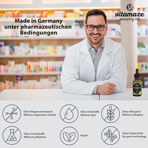 Vitamina K2 Gotas 200 mcg de Alta Dosis, Vitamina K2 Vegano y Líquido por Dosis Diaria, Menaquinona MK-7 (> 99% en Forma Trans), 50ml (1700 Gotas), Alta Biodisponibilidad, sin Aditivos Innecesarios