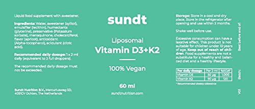 Vitamina liposomal D3+K2 en gotas para obtener suficiente calcio, en el lugar adecuado - Frasco de 60 ml - 30 aplicaciones - Sin OGM - Hecho en la UE - Sundt Nutrition® Suplemento alimenticio