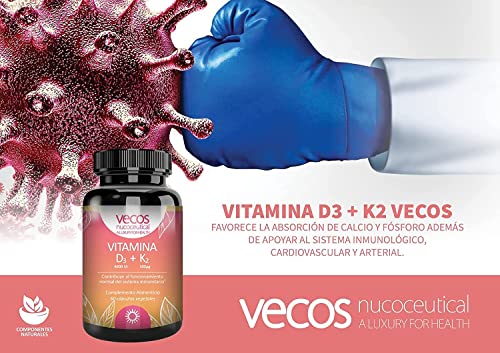 Vitaminas para Reforzar el Sistema Inmunológico - Vitamina D3 + K2 - 60 Cápsulas Vegetales - Contribuye al Funcionamiento Normal de los Músculos - Propiedades Antioxidantes