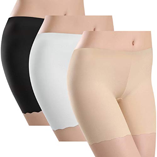 Voqeen 3 Piezas Seda de Hielo Shorts Hipster para Mujer Mini Shorts Culotte para Mujer Mujeres Braguitas Short De Seguridad Shorts de Anti Rozaduras Calzoncillos (Tres Cuartos - Negro+Piel+Blanco, S)