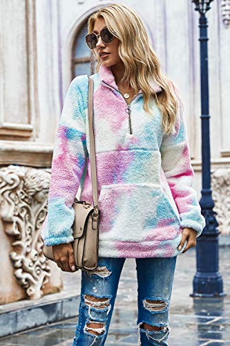 Voqeen Mujer Sudaderas con Teñido Anudado Collar del Soporte Pullover de Vellón Difuso de Manga Larga Jersey de Color de Contraste con Cremallera de 1/4 Abrigo Outwear Tops con Bolsillos