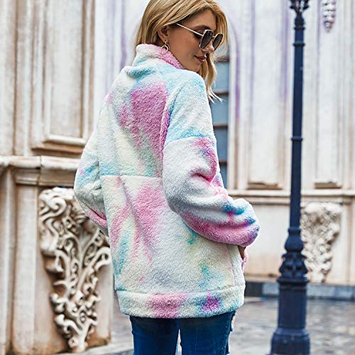 Voqeen Mujer Sudaderas con Teñido Anudado Collar del Soporte Pullover de Vellón Difuso de Manga Larga Jersey de Color de Contraste con Cremallera de 1/4 Abrigo Outwear Tops con Bolsillos