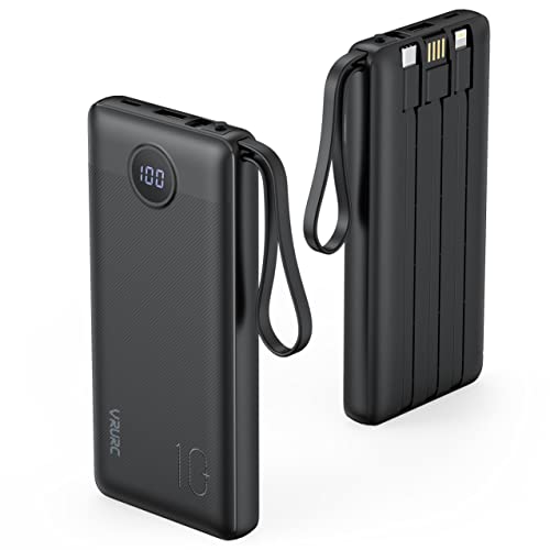 VRURC Power Bank 10000mAh Batería Externa con 4 Cables de Carga Integrados UCB C Cargador Movil Portátil Pantalla Digital LED con 4 Salidas y 2 entradas Compatible con Huawei y Smartphone