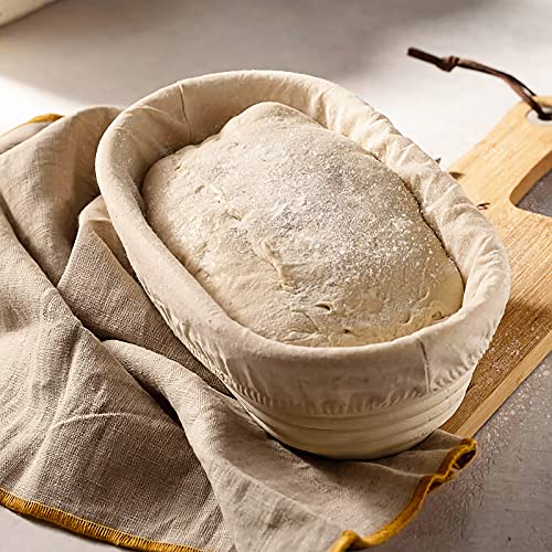 Walfos Juego de cesta ovalada de 10 pulgadas para hacer pan de salsa en estilo francés, incluye espátula y funda de lino, ideal para panaderos domésticos y profesionales