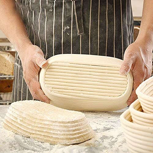 Walfos Juego de cesta ovalada de 10 pulgadas para hacer pan de salsa en estilo francés, incluye espátula y funda de lino, ideal para panaderos domésticos y profesionales