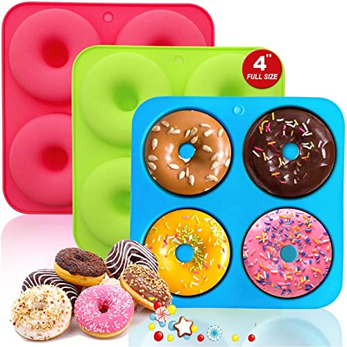 Walfos Moldes de silicona de gran tamaño – Molde antiadherente de 10 cm, moldes de Donuts resistentes al calor, sin BPA, para beetas, pasteles, galletas y Bagels(3 unidades)