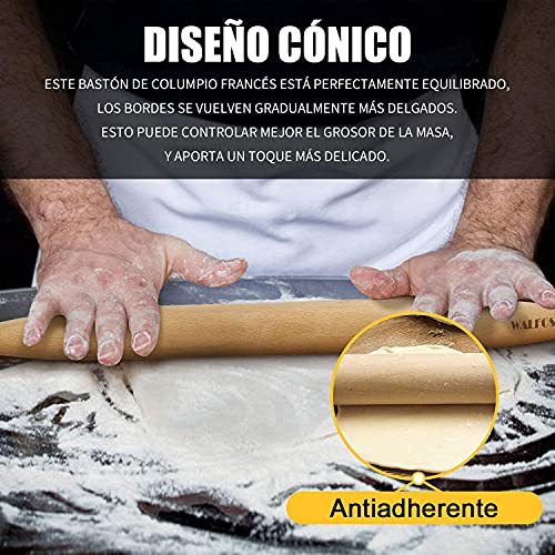 Walfos Rodillo de Madera - Rodillo de Amasar co Diseño cónico, Artesanía Tradicional de Europa, Ergonómico, Accesorios para Hornear Galletas, Pizza (46cm)