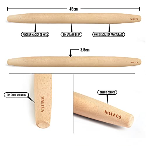 Walfos Rodillo de Madera - Rodillo de Amasar co Diseño cónico, Artesanía Tradicional de Europa, Ergonómico, Accesorios para Hornear Galletas, Pizza (46cm)