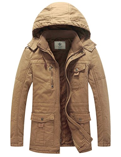 WenVen Chaqueta de Algodón a Prueba de Viento Parka Casual Militar Clásica Parka Capucha Gruesa Extraíble con Pelo Cazadora Entretiempo Bolsillos Múltiples Hombres Caqui S