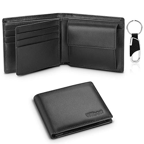 wilbest® Carteras Hombre, Billetera Hombre Bifold Delgada con RFID, 10 Ranuras para Tarjetas (Incluye ID), 2 Ranuras para Billetes, 1 Bolsillo para Monedas, 1 Llavero, 1 Caja de Regalo (Negro)