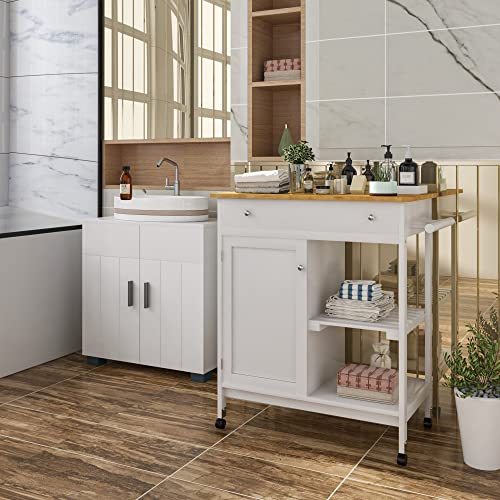 WOLTU Carrito Multiusos Carro de Cocina Carros de Servicio de Almacenamiento con Ruedas con 1 Cajón 1 Armario y 2 Estantes, Muebles Isla para Cocina Salón Madera 75x44x89 cm Blanco Roble