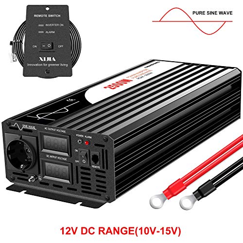 XIJIA 2500W (máximo 5000W) Onda sinusoidal Pura inversor de Corriente DC 12V a AC 230V 50Hz Solar conversor para Uso en casa Coche (DC12V (Rango10V-15V) 2500W)