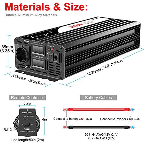 XIJIA 2500W (máximo 5000W) Onda sinusoidal Pura inversor de Corriente DC 12V a AC 230V 50Hz Solar conversor para Uso en casa Coche (DC12V (Rango10V-15V) 2500W)