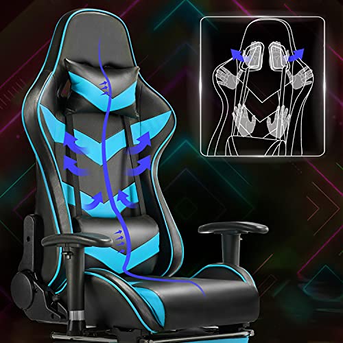 Yaheetech Silla Gaming con Reposapies Silla Escritorio Oficina Ergonómica Silla Reposacabezas Soporte Lumbar Cuero PU Inclinación Reclinable Giratoria Azul Claro