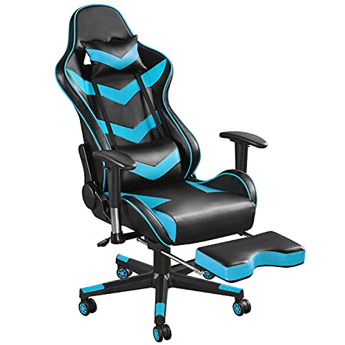 Yaheetech Silla Gaming con Reposapies Silla Escritorio Oficina Ergonómica Silla Reposacabezas Soporte Lumbar Cuero PU Inclinación Reclinable Giratoria Azul Claro