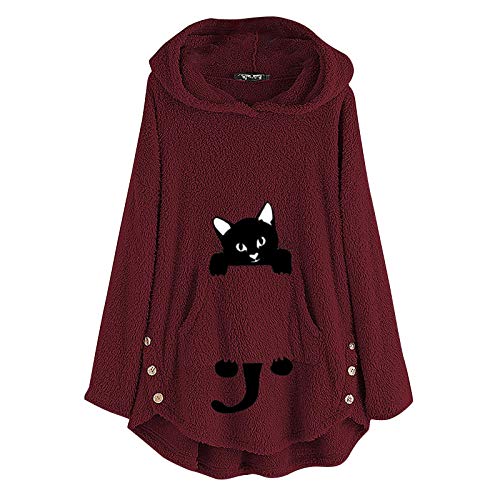 YANFANG Sudadera con Capucha para Mujer Abrigo Chaqueta Caliente y Esponjoso Flannel Tipo Manta Mujeres Fleece Bordado Oreja de Gato Tallas grandesBolsillo Superior Suéter Blusa