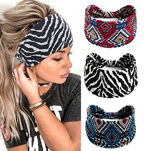 Yean Diadema ancha bohemia a rayas, turbante negro elástico para el pelo, accesorios para la cabeza de yoga para mujeres y niñas (paquete de 3)