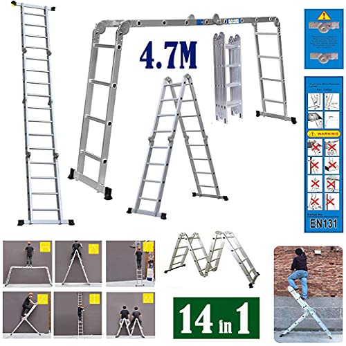 YIZHE Escalera Plegable Aluminio de 4.7 m,Escalera telescópica de aluminio,Escalera multifuncional,Escalera de mano extensible,Escalera Alta Multifuncional Portátil