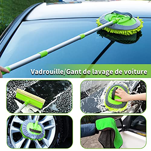 Yokiss - Kit de limpieza para coche con mango largo, 2 cabezales de cepillo de lavado de coche de microfibra, 1 esponja para secado, 1 toalla de lavado de coche