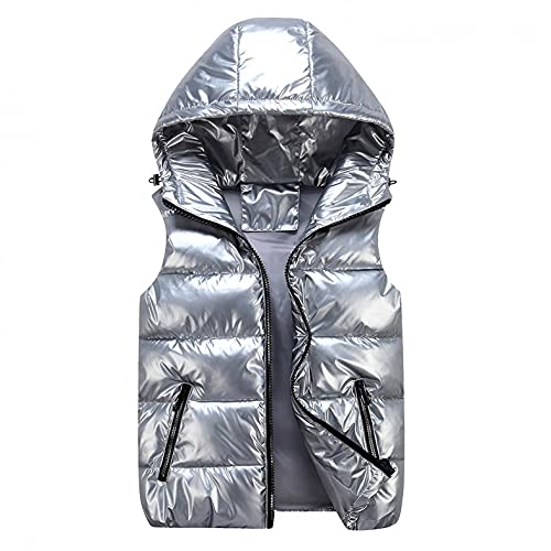 YTZL Chaqueta acolchada brillante para mujer, chaleco ligero, sin mangas, para exteriores, para niños, chaleco deportivo cálido, abrigo de plumón, brillante, plata, M