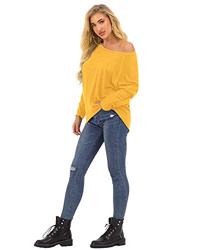 ZANZEA Mujer Camiseta Manga Larga Jersey Manga Murciélago Sexy Suéter Suelta Irregular Sudadera Casual 01-Amarillo L