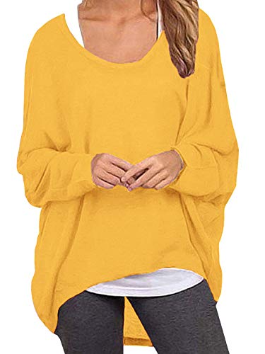 ZANZEA Mujer Camiseta Manga Larga Jersey Manga Murciélago Sexy Suéter Suelta Irregular Sudadera Casual 01-Amarillo L