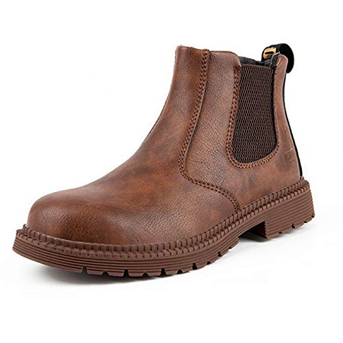 Zapatos de Seguridad Hombre, Botas de Seguridad para Hombre,Zapatos de Cuero con Punta de Acero Botas de Trabajo Impermeables y Transpirables Botas Zapatos Sin Cordones,Brown-47