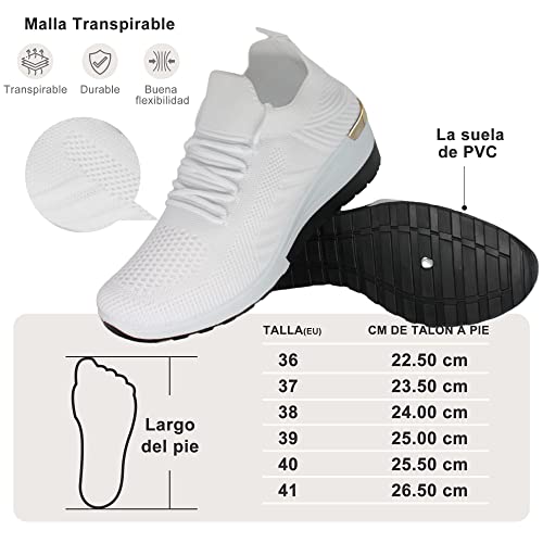 ZAPSHOP, Deportivas de Mujer, Zapatillas con Tacón, Zapatillas Slip-On, Fitness, Sneaker, Casual, Transpirable, Cómodas Ligeras para Correr Trabajar Andar, Calzado, con Cordones, Talla 36-41, Blanco