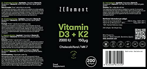 Zenement | Vitamina D3 + K2, Colecalciferol (2000 UI) & MK-7 (150 μg), 200 Perlas | con Aceite de Oliva Virgen Extra Español | Huesos, Músculos, Sistema Inmunológico | 100% Ingredientes Naturales