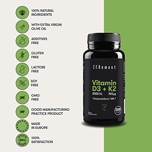 Zenement | Vitamina D3 + K2, Colecalciferol (2000 UI) & MK-7 (150 μg), 200 Perlas | con Aceite de Oliva Virgen Extra Español | Huesos, Músculos, Sistema Inmunológico | 100% Ingredientes Naturales