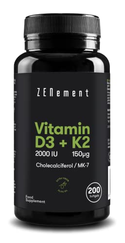 Zenement | Vitamina D3 + K2, Colecalciferol (2000 UI) & MK-7 (150 μg), 200 Perlas | con Aceite de Oliva Virgen Extra Español | Huesos, Músculos, Sistema Inmunológico | 100% Ingredientes Naturales