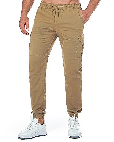 ZOEREA Pantalones Hombre Casuales Deporte Elásticos Joggers Largos Pants con Bolsillos Algodón Slim Fit Cargo Trouser de Hombres Caqui, L