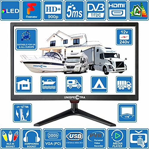 19 Pulgadas (48 cm) 12V / 240V HD+ LED TV Digital DVB-T / T2 (TDT) USB PVR y Reproductor Multimedia Ideal para Casa, Autocaravana, Barco Caravana, Camping, Camión Unispectra® (TV+Soporte de Pared)