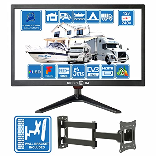 19 Pulgadas (48 cm) 12V / 240V HD+ LED TV Digital DVB-T / T2 (TDT) USB PVR y Reproductor Multimedia Ideal para Casa, Autocaravana, Barco Caravana, Camping, Camión Unispectra® (TV+Soporte de Pared)