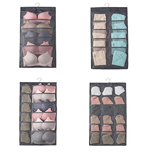 2 Piezas Bolsa de Almacenamiento de Ropa Interior Colgante de Doble Cara, Organizador para Colgar en el Armario para Tienda Ropa, Sujetadores, Ropa Interior, Calcetines, Corbatas, Bufandas, Gris