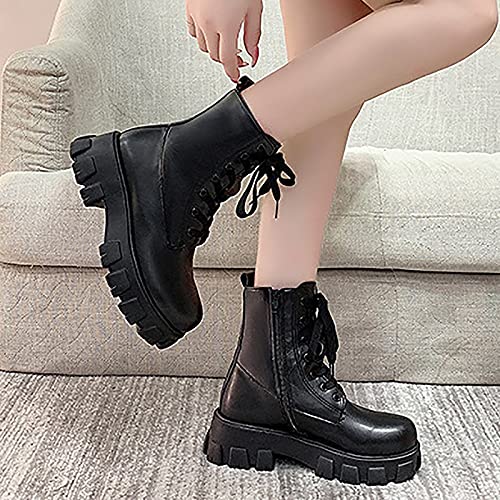 2021 Botas de Combate con Cordones Mujer Botas Militar Mujer Botas Clasicas Adulto Ankle Boot Mujer Botín de Piel Botas de Cuero Plataforma Zapatos de Vestir Botas Martin Talla grande