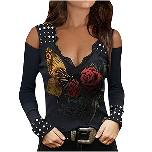 2021 Camiseta Manga Larga Mujer otoño Moda Manga Larga Camiseta Largo encaje Patchwork Blusas Impresión camisa Cuello en V basica Camiseta Suelto Tops Casual fiesta T-Shirt original tee