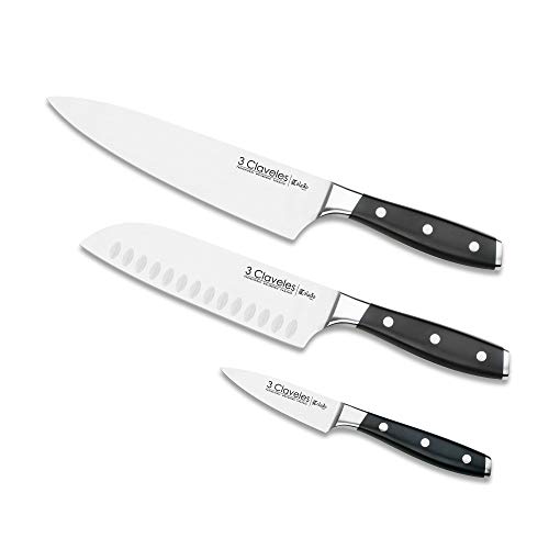 3 Claveles 28007 Set Cuchillos Cocina: Verduras 9cm + Santoku 18cm + Cocinero 20cm, Línea Toledo, Acero Inoxidable, Plata