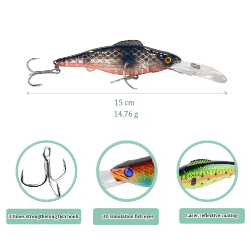 3 Piezas Señuelos Pesca, Artificial Duro Cebos, Longitud 12,6cm,Material ABS, Wobbler Flotante, Adecuado para la Pesca de Agua dulce y Salada, La perca, La lucioperca, Lucio, Muskie, Gobio, trucha,etc