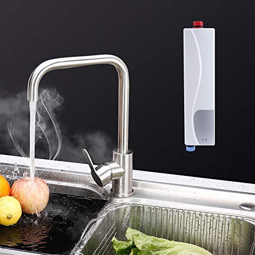 3000 W Calentador Eléctrico Mini Calentador de Agua Instantáneo， Eléctrico sin Tanque caldera de ducha portátil calentamiento de agua con Válvula de Alivio de Presión 220V para baño cocina (blanco)