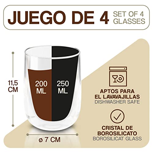 4 Vasos de Doble Cristal - 250 ml - Aptos para Lavavajillas - Mantienen el Calor - Para Café, Capuchino y Té