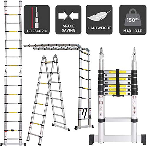 5M Escaleras Plegables Aluminio, Escalera Telescópica 16 Escalones Antideslizantes - 2,5M+2,5M Escalera Extensible Multifunción Carga 150kg (5M (2,5M + 2,5M))