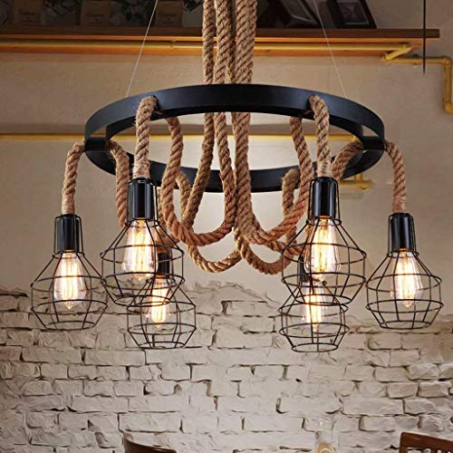 6 Luces American Rural Marihuana Cuerda de cáñamo Candelabro Grande Vintage Loft Restaurante Retro Metal Hierro Lámpara Colgante de Techo Inn Farmhouse Luz Colgante Industrial E27