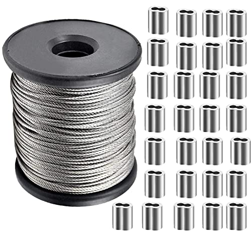 60m / 186 pies Cable de Acero Inoxidable, 1.5mm Cable de Acero Cuerda de Alambre, 7 x 7 Cuerda Alambre de Acero Inoxidable con 40pcs 1.5mm Virolas de Aluminio para Jardín Barandillas, Marcos Fotos