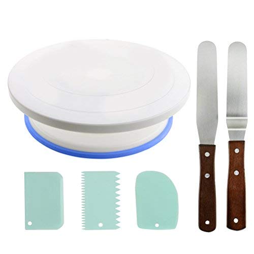 6pcs Juego de Plato de Pastel Giratorio Redondo Antideslizante,Soporte de Torta Giratoria de Pastel,Bandeja para Tartas Giratorio con 2 Espátulas de Acero Inoxidable y 3 Raspador para Repostería