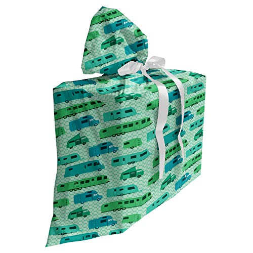 ABAKUHAUS Camper Bolsa de Regalo para Baby Shower, Plazas y caravanas, Tela Estampada con 3 Moños Reutilizable, 70 cm x 80 cm, Verde menta verde