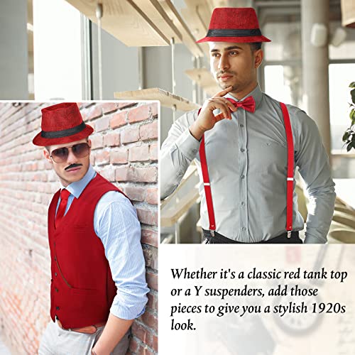 Accesorios de Hombre de 1920 Disfraces Ropa de Gatsby Gángster Atuendo de Cosplay Halloween con Chaleco Sombrero de Fieltro Reloj de Bolsillo Tirantes Corbata (M, Rojo Vino)